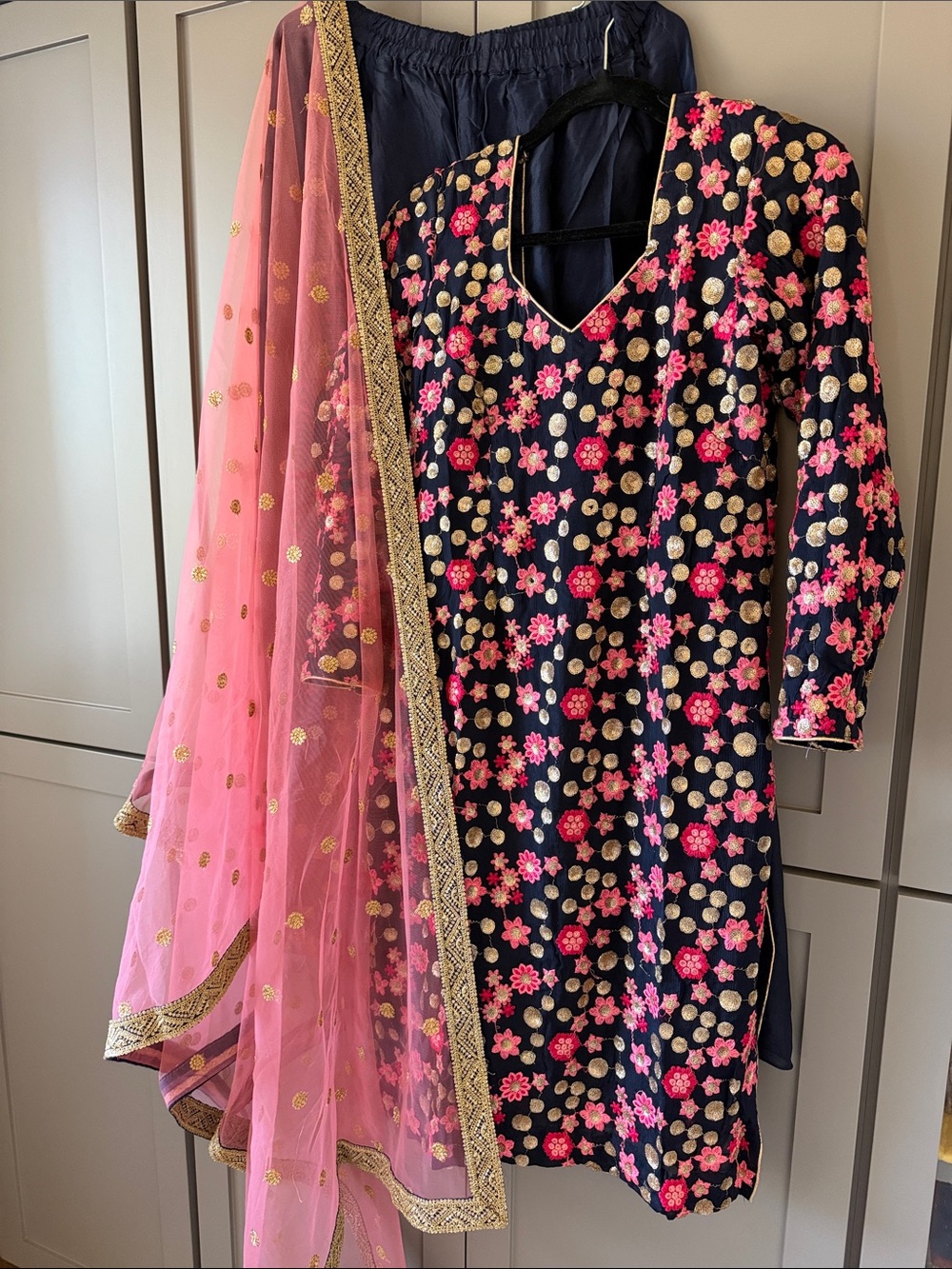 Navy Blue Skirt Set with Pink Floral Top
